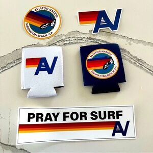 Aviator Nation Manhattan Beach White and Blue Koozie Set with 3 Stickers - NWOT